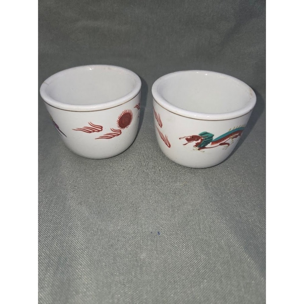 Cathay Gugguang China Vintage Dragon Phoenix Tea Cups Set of 2 White Ceramic